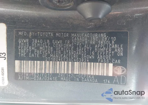 2010 Toyota Corolla S z USA, uszkodzony, nr VIN 2T1BU4EE2AC463824